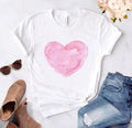 Heart flower print ladies T-shirt ladies O-collar white shirt short sleeve ladies T-shirt love graphic printing - GoJohnny437