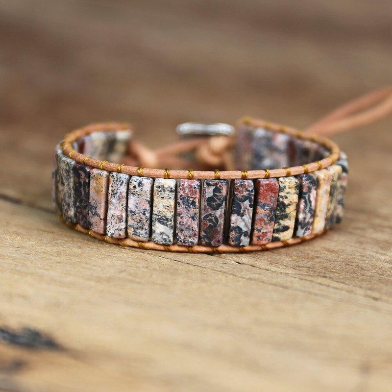 Red Leopard Skin Stone Leather Bracelet Tube Shape Braided Bohemia Charm Bracelet Women Man Handmade Jewelry - GoJohnny437