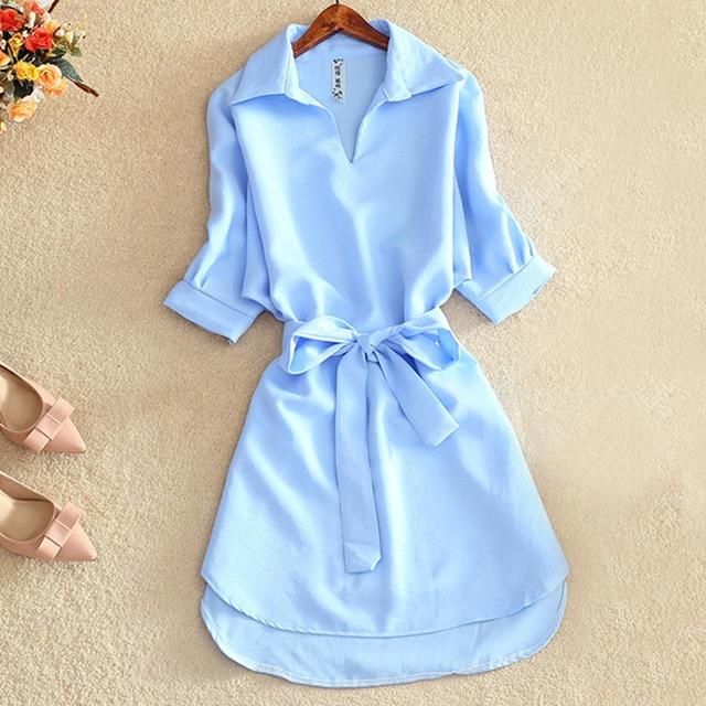 Shirts Women Summer Casual Dress Fashion Office Lady Solid Red Chiffon Dresses For Women Sashes Tunic Ladies - GoJohnny437