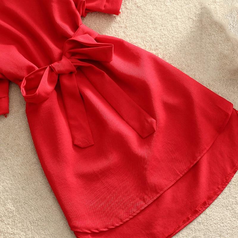 Shirts Women Summer Casual Dress Fashion Office Lady Solid Red Chiffon Dresses For Women Sashes Tunic Ladies - GoJohnny437