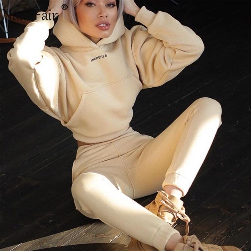 Two Piece Set Long Sleeve Solid Hoodie And Pants Sport Suit Autumn Winter Casual Piece Women Outfits - GoJohnny437